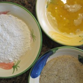 Place flour, eggs and bread crumbs in separate shallow bowls.