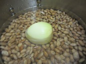 Cook beans with water and onion until tender.